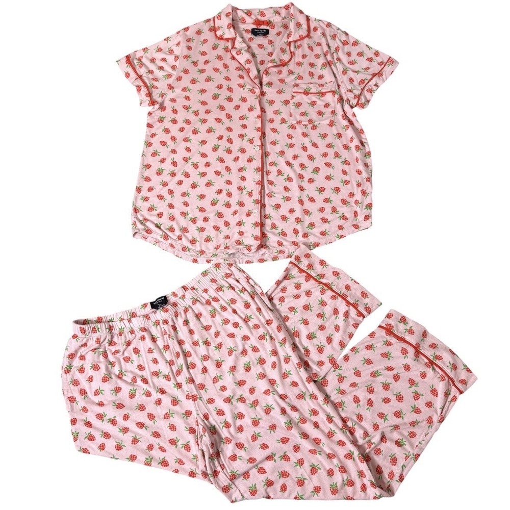 Kate Spade NY Strawberry Print Pajama Set 2 Piece Short Sleeve Pants Size L Pink